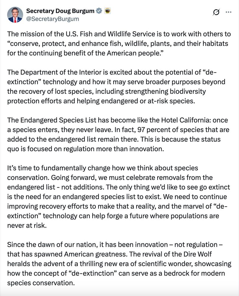 Post by Doug Burgum on de-extinction technology related to the dire wolf.