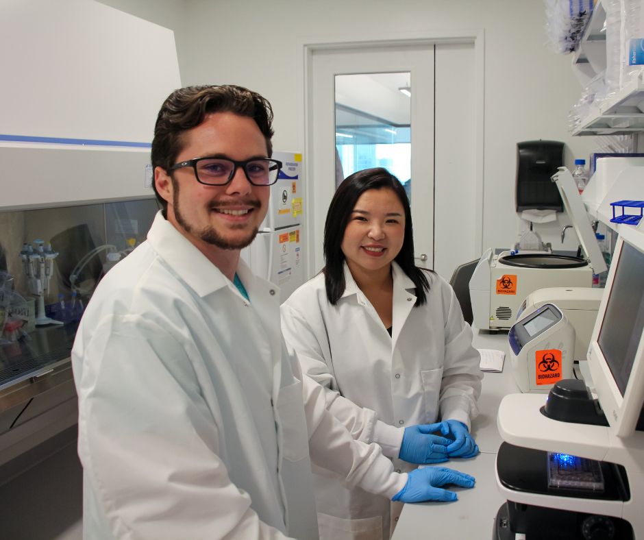 Tyler Daniel, at left, a doctoral student in the lab of Professor Sherry Gao, at right. (Credit: Bella Ciervo)