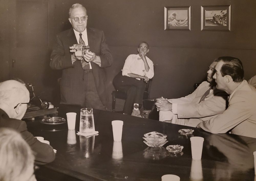 Ralph Teetor presents his Speedostat technology to engineers in 1957. Cadillac later branded the technology “cruise control.” (Photo: Jack Teetor)