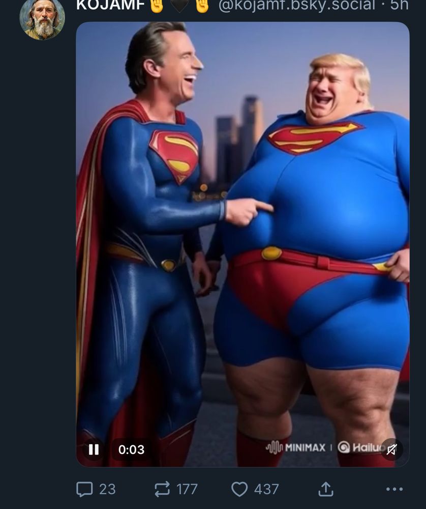 AI slop of Gavin Newsom dressed as Superman. There is a fat Trump dressed a Superman but is too fat haha and is being poked in the belly by buff Gavin Newsom Superman. 