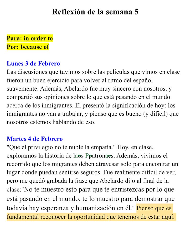 Screenshot of a student’s reflection from my Spanish class