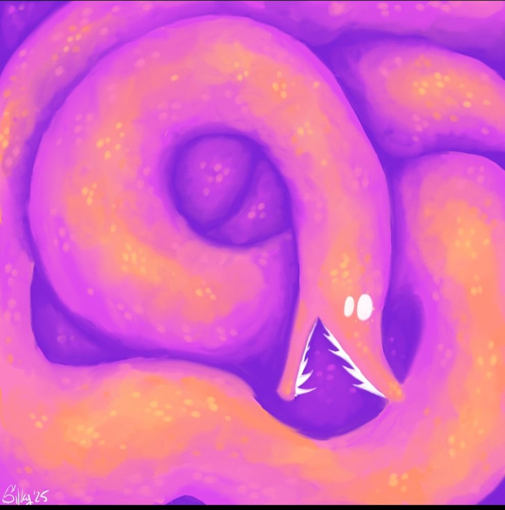 Very recent digital painting of a snake-like dragon that takes up the whole canvas with its many coils. It is painted in classic sunset colors- pink with purple shadows and orange/yellow highlights. There are scale details between color layers. 