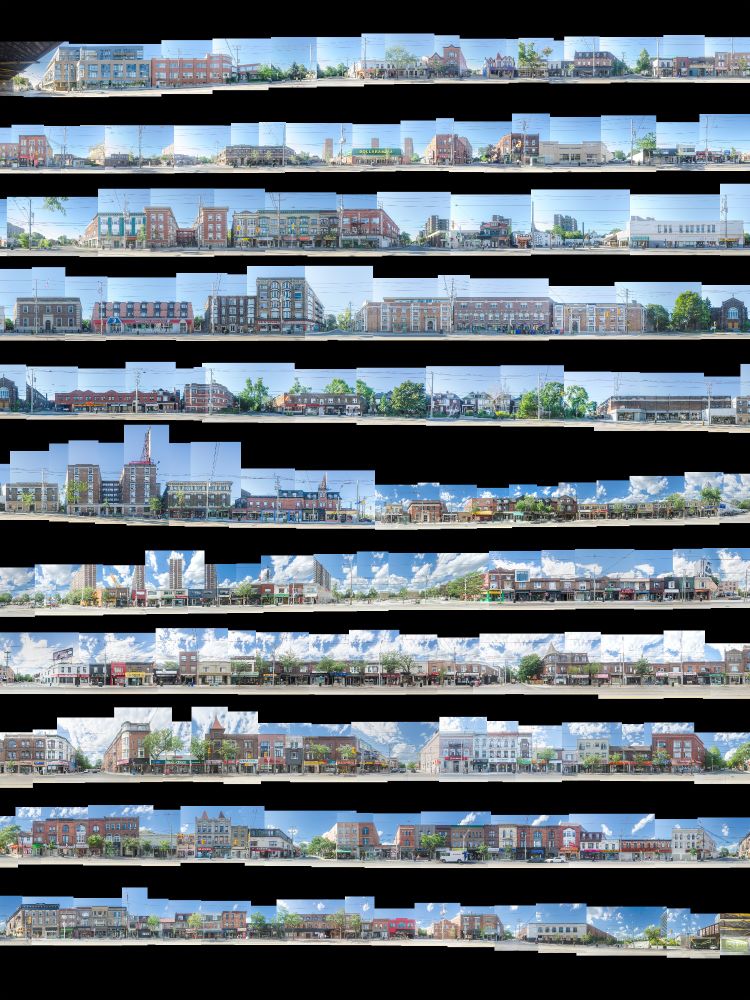 Panoramic collage showing the front of both sides of Queen Street West in Parkdale, Toronto. It is a contiguous collage that has been divided into segments and stacked on eleven lines.