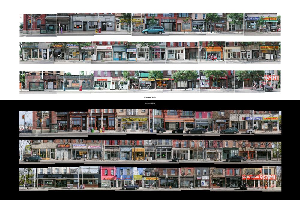 A panoramic street view showcases a series of retail storefronts in 2003 and 2006, revealing changes in businesses and facades, underlining urban transformation.