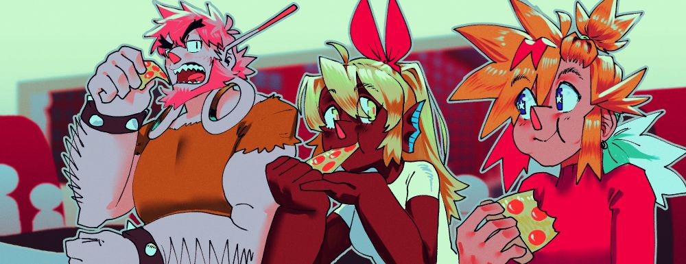 (From left to right) Max, Luka and Kapori are eating pizza
