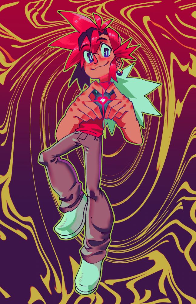 Kapori making a hand heart, x-raying over his actual heart which is glowing. All this in from of a trippy background 