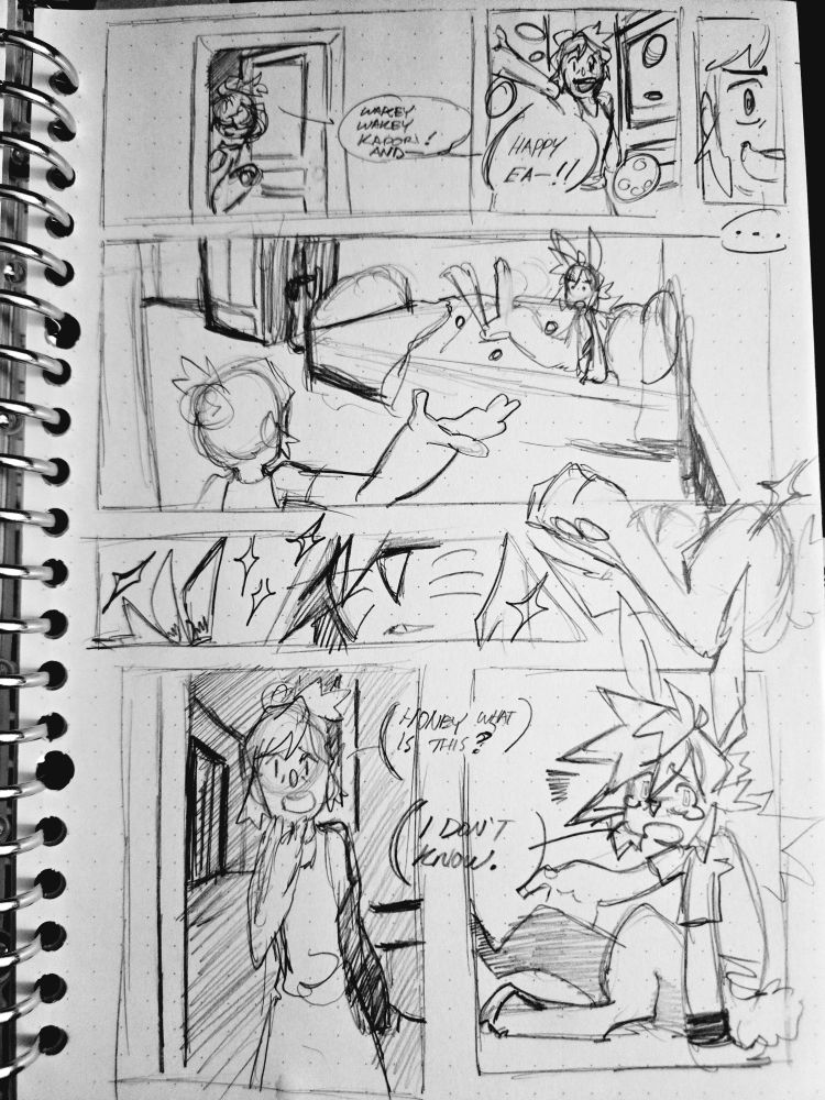 A sketch comic of Kapori's mom waltzing into his room to find Kapori completely transformed into a were rabbit.