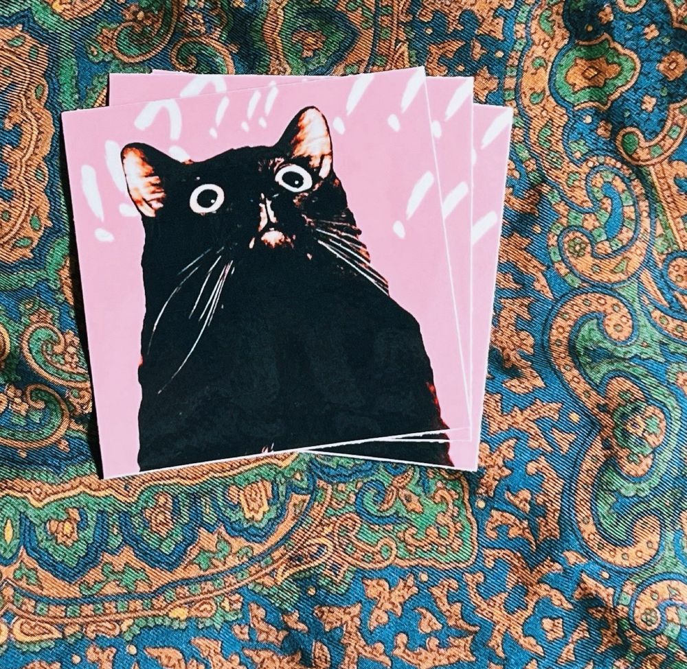 pile of stickers featuring a black cat against a pink background