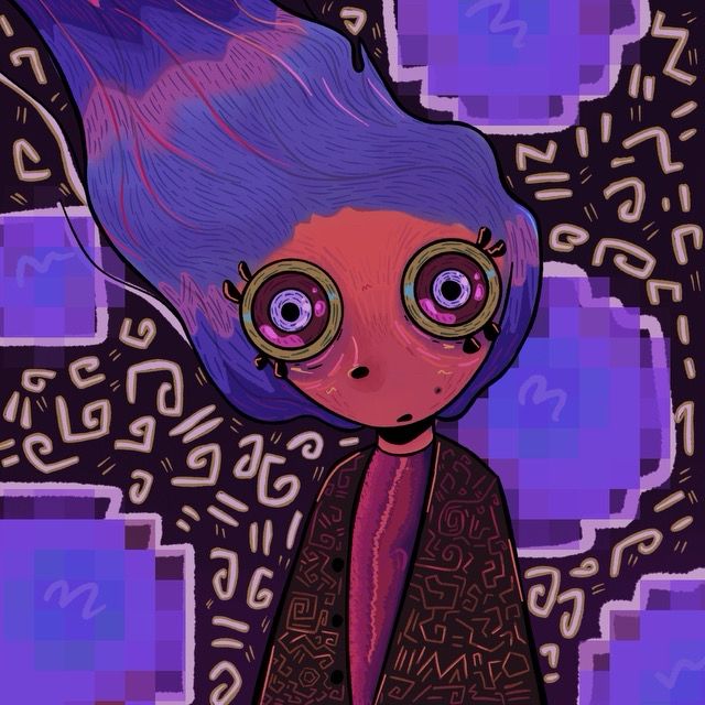 Drawing of a blueish purple haired girl staring you down with green, ombre, and blue eyes. She’s wearing a black jacket with red to orange gradient symbols, with a pink to purple shirt on with and orange line down the middle. The background has pixilated light purple bubbles and behind the bubbles is a darker purple with the same symbols as the jacket.