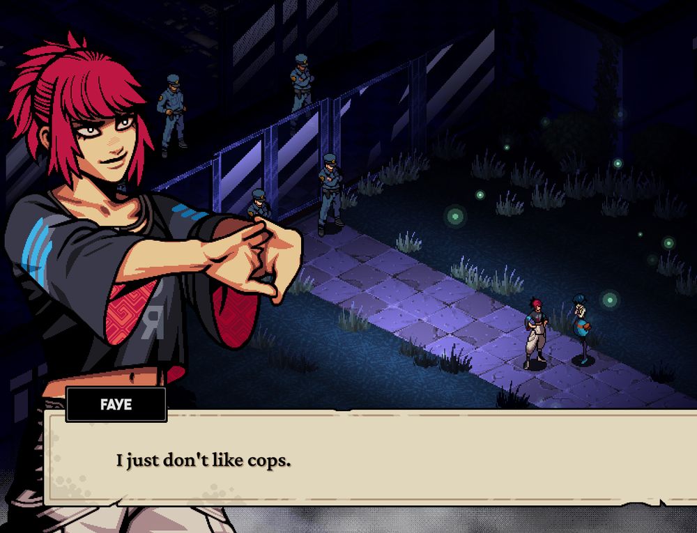 Screenshot from the blockbuster indie game Demonschool featuring the main character Faye expressing her distaste for police!