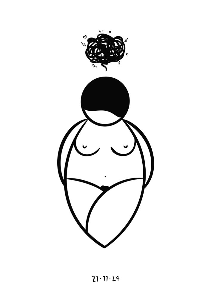 Dibuix molt simple, amb línies negres, d'una figura femenina i un garbuix a sobre el cap