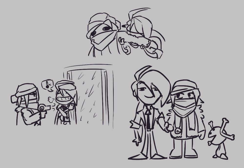 Three gremlinized pairs of Rika and Grusha. On top, Rika is gnawing on Grusha's arm for sustenance. In the bottom left, Rika is striding in from a snowstorm she was unprepared for. Grusha, looking a little pissy, dries her off with a hair dryer. In the bottom right, Rika and Grusha stand side-by-side, holding hands. Their chud son Wooper sits off to the right.