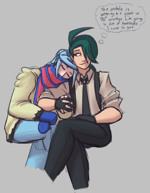 Speech bubble: "this asshole is wearing his coat in 96 degree weather I'm going to die of heatstroke I swear to god"
