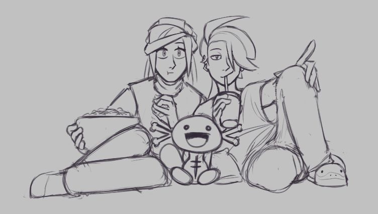 Grusha, Rika, and a Paldean Wooper are seated and watching a film! Grusha is holding a bowl of popcorn in one hand and a handful of popcorn in the other. Rika is to the right, drinking a sodie pop. They're both leaning into each other. The Wooper sits between them, looking like he has just witnessed every single one of Earth's natural wonders at once.