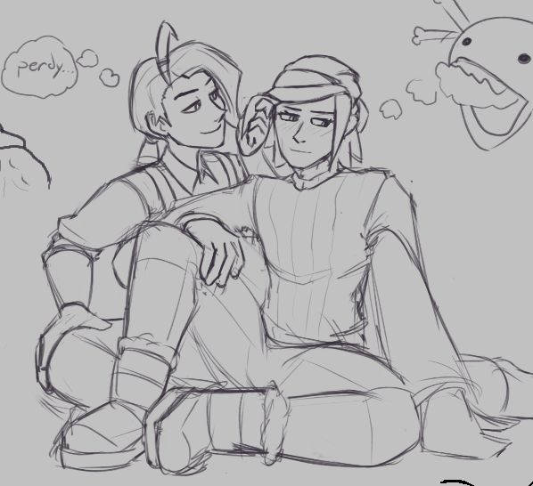 Rika is sat next to Grusha on the floor. Rika is playing with Grusha's hair, which gets him a little flustered. Rika's thought bubble says "perdy" while Grusha's thought bubble is being devoured by the gluttonous Wooper.