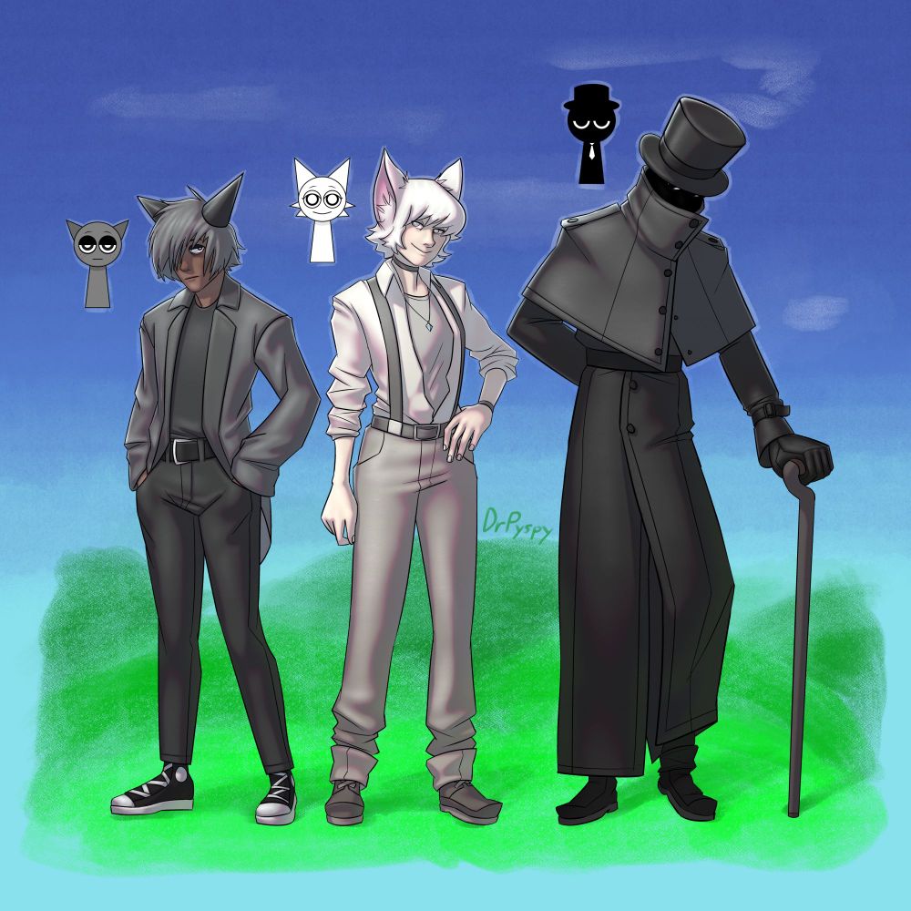 Human designs for Gray, Wenda and Black from the Incredibox mod Sprunki.