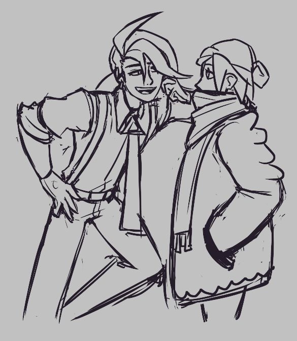 Rika and Grusha! Grusha is just standing around, looking pretty stoic. Rika is getting a little fancier with her pose, propping herself against a wall and leaning over to meet Grusha at eye level. Rika's hair is legally recognized as a lethal weapon.