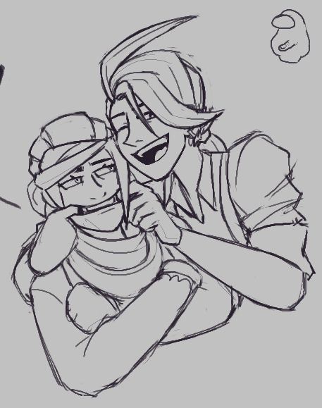 Grusha and Rika being buddies! Rika has her fingers hooked onto Grusha's mouth, forcing him to smile. He is not entirely amused, but she is very amused. There is a thumb-type amongis in the top right, watching over all like a benevolent ruler.