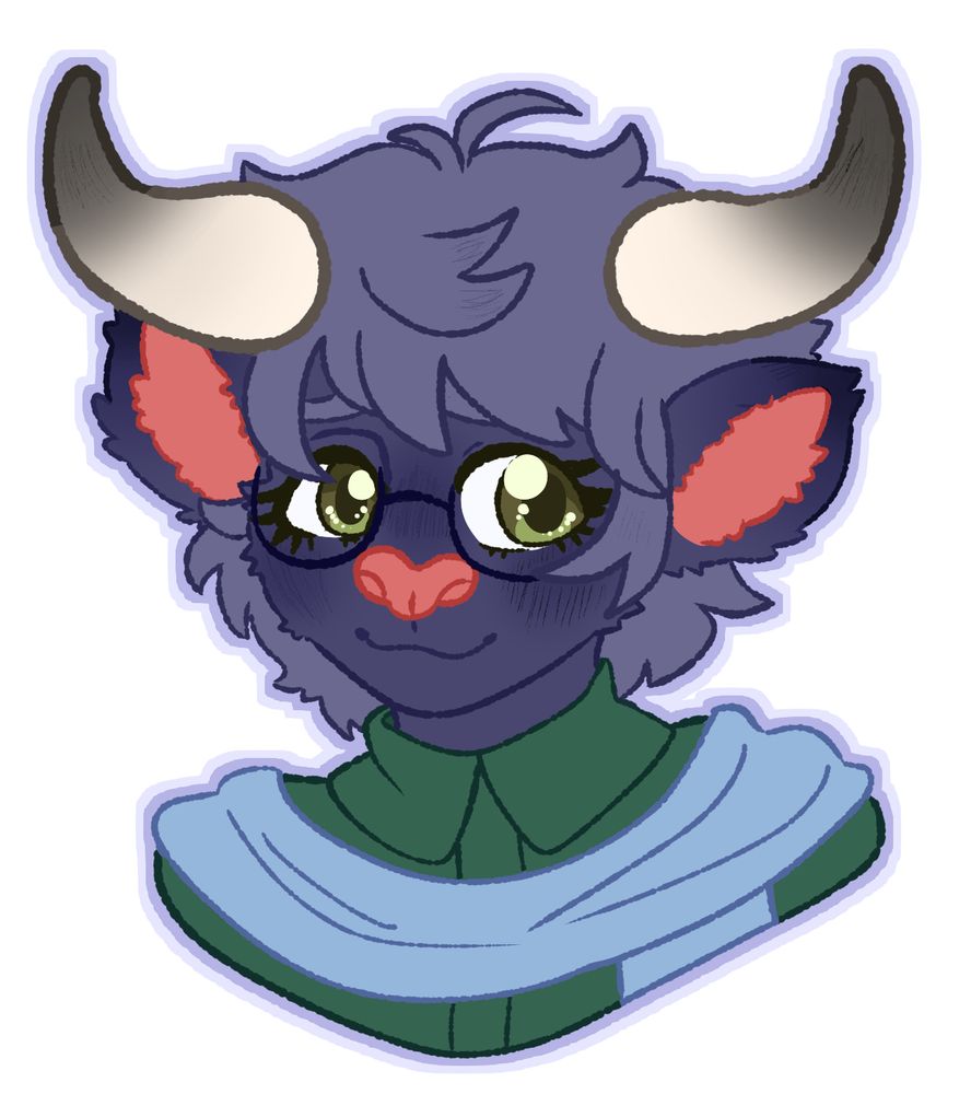 Dark blue cow with black rim glasses, green shirt and light blue scarf.