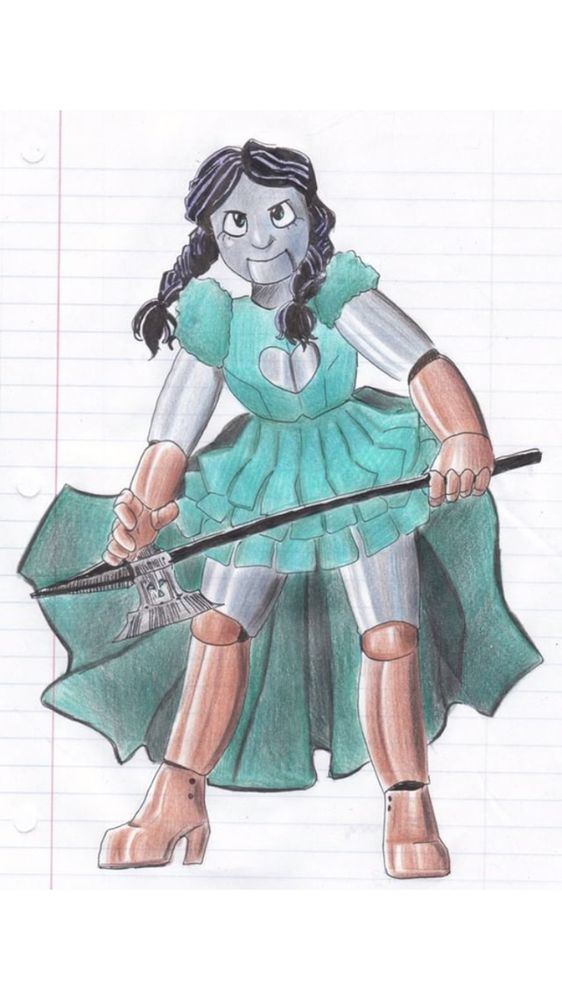Large robot girl with aquamarine dress and long weapon.