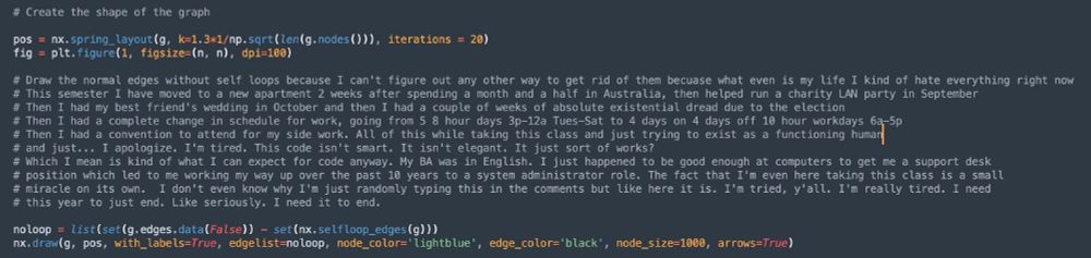 A screenshot of code in python. In the middle of the code there is a large comment block whinging about life. A # at the beginning of a line denotes it's a comment.

The text of the screenshot reads:
# Create the shape of the graph
            
            pos = nx.spring_layout(g, k=1.3*1/np.sqrt(len(g.nodes())), iterations = 20)
            fig = plt.figure(1, figsize=(n, n), dpi=100)
            
# Draw the normal edges without self loops because I can't figure out any other way to get rid of them becuase what even is my life I kind of hate everything right now
# This semester I have moved to a new apartment 2 weeks after spending a month and a half in Australia, then helped run a charity LAN party in September
# Then I had my best friend's wedding in October and then I had a couple of weeks of absolute existential dread due to the election
# Then I had a complete change in schedule for work, going from 5 8 hour days 3p-12a Tues-Sat to 4 days on 4 days off 10 hour workdays 6a-5p
# Then I had a convention to attend for my side work. All of this while taking this class and just trying to exist as a functioning human
# and just... I apologize. I'm tired. This code isn't smart. It isn't elegant. It just sort of works?
# Which I mean is kind of what I can expect for code anyway. My BA was in English. I just happened to be good enough at computers to get me a support desk
# position which led to me working my way up over the past 10 years to a system administrator role. The fact that I'm even here taking this class is a small
# miracle on its own.  I don't even know why I'm just randomly typing this in the comments but like here it is. I'm tried, y'all. I'm really tired. I need
# this year to just end. Like seriously. I need it to end. 
            
            noloop = list(set(g.edges.data(False)) - set(nx.selfloop_edges(g)))
            nx.draw(g, pos, with_labels=True, edgelist=noloop, node_color='lightblue', edge_color='black', node_size=1000, arrows=True)