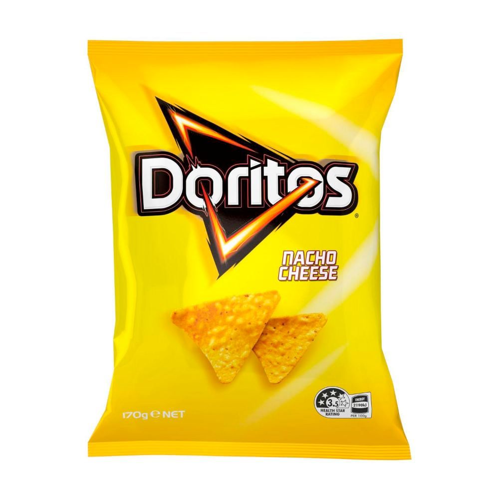 A yellow bag of Doritos labeled as Nacho Cheese.