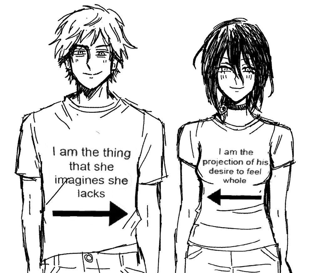 Denji’s shirt: I am the thing that she imagines she lacks; Reze’s shirt: I am the projection of his desire to feel whole. 