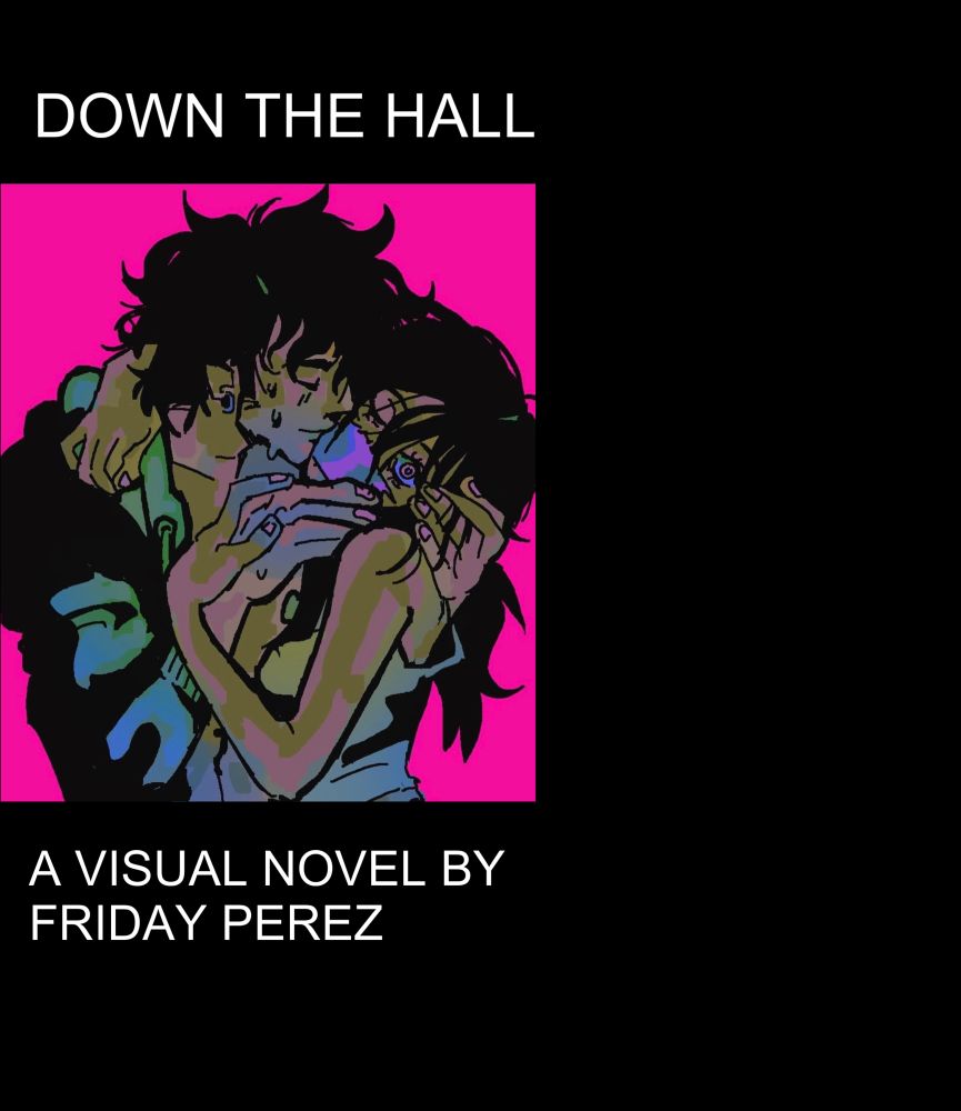 A couple embraces in the pose of The Kiss by Gustav Klimt, the man sweating as the girl stares wide eyed behind duct tape.