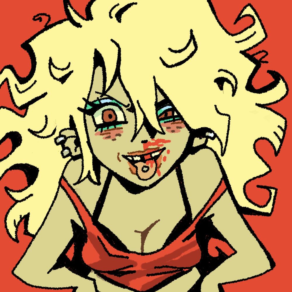 Blonde woman with a bloody nose and kissing tooth, putting both hands on her hips in a red tank top.