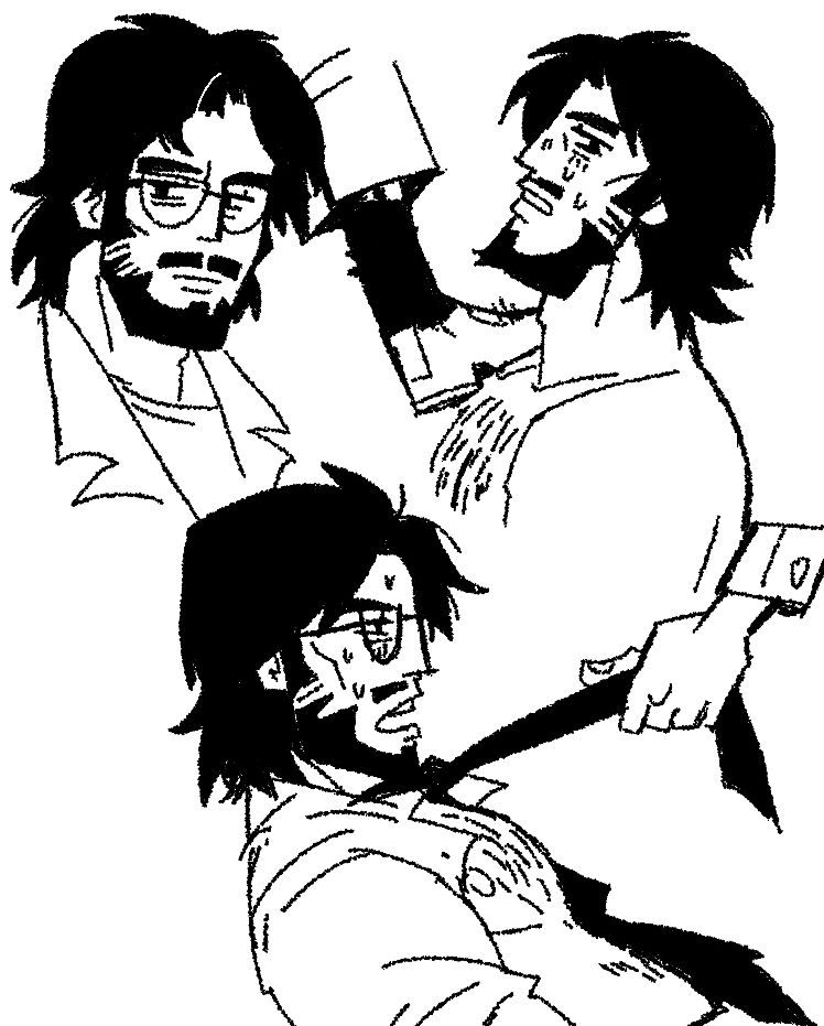 Man, now older with facial hair. 3/4, his lover’s shoe on his bare chest/shoulder, then having his tie yanked and undressed by this mysterious hand.