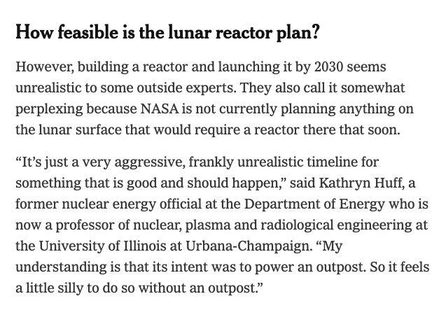 A screenshot from the article at https://www.nytimes.com/2025/08/06/science/nasa-nuclear-reactor-moon.html in which I suggest the timeline might be too aggressive. 