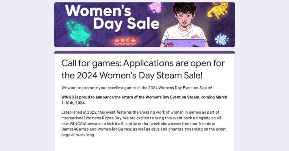 Call for games: Applications are open for the 2024 Women's Day Steam Sale!