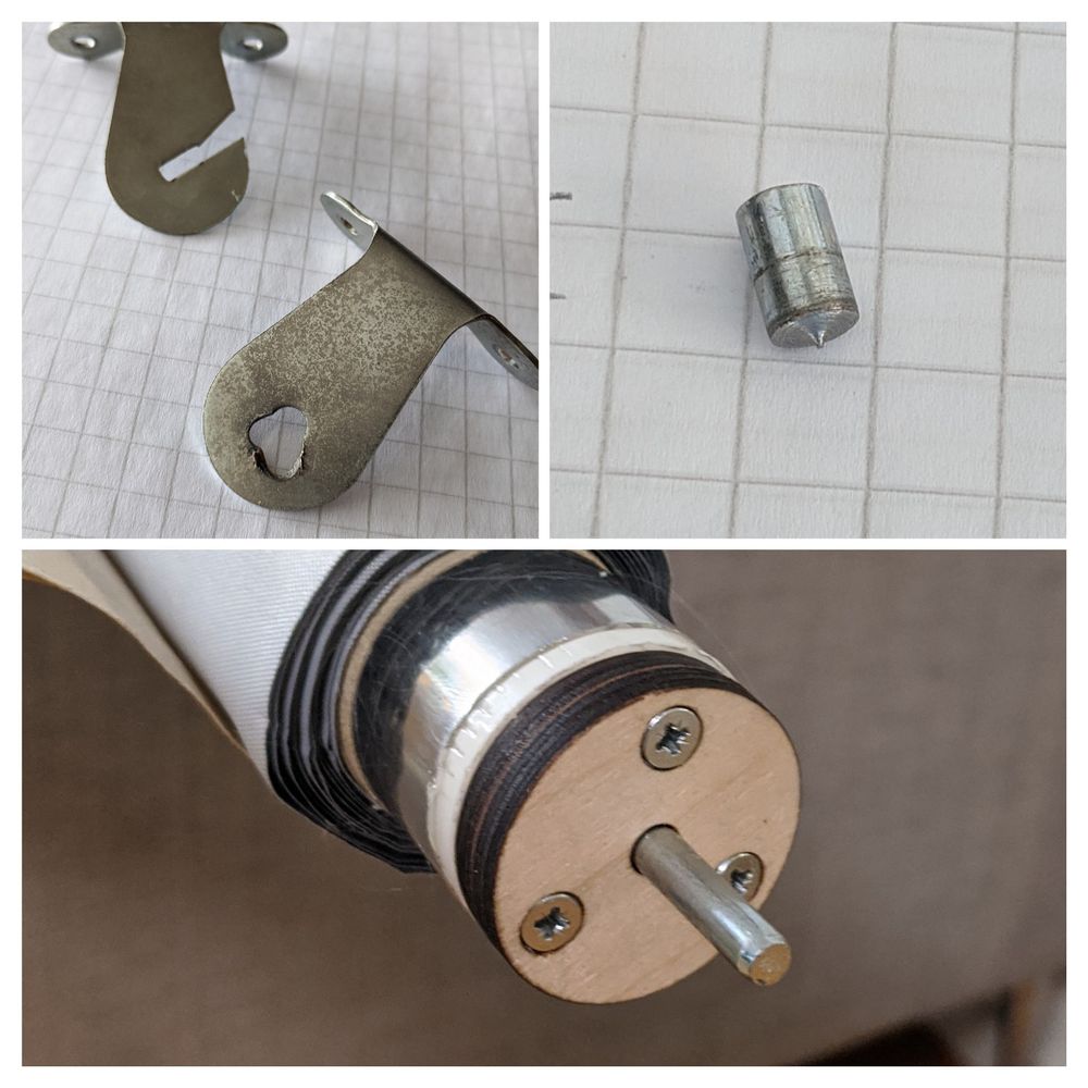 1. Old brackets for the shade the circle having worn into a blob three times as big. 2. The sheared off end of the 5mm pin, with the middle worn to a small conical point. 3. Repair with replacement pin embedded into laser-cut circle with three sunk screwheads around the pin. Please clap.