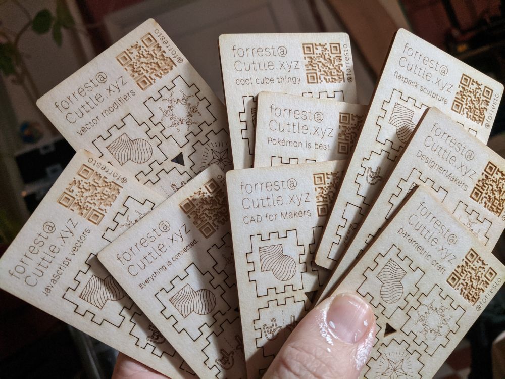 Cards with different taglines: JavaScript vectors, everything is connected, cad for makers, parametric craft, cool cube thingy, flat-pack sculpture.