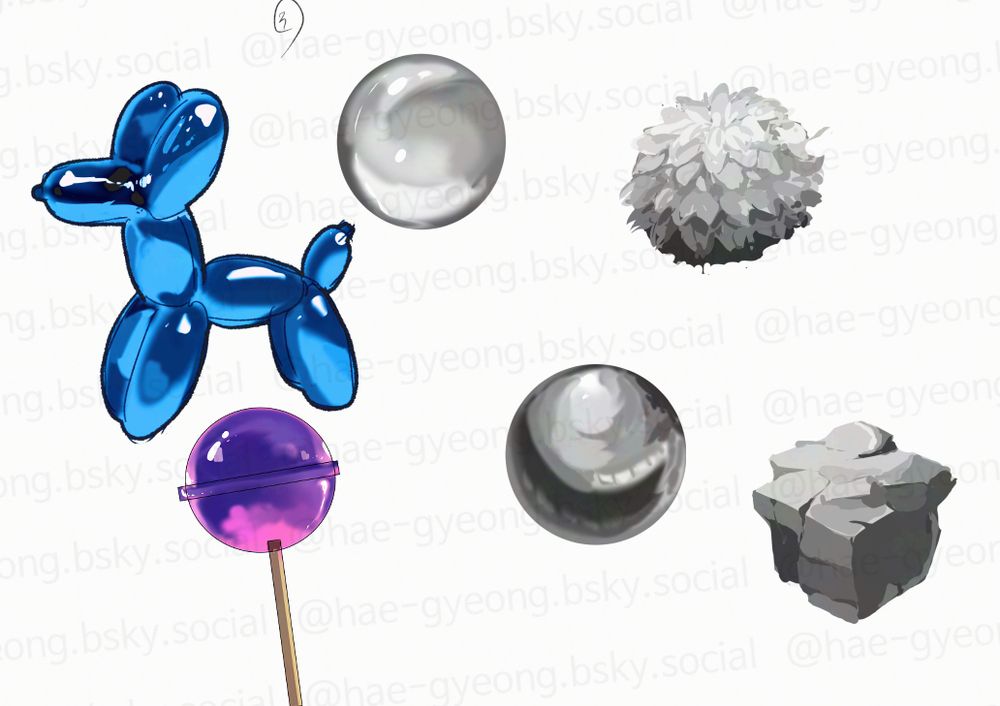 질감 공부 위주 크로키.

흑백의 구 형태 2개, 잔디와 박스.
컬러 풍선 강아지, 사탕. 