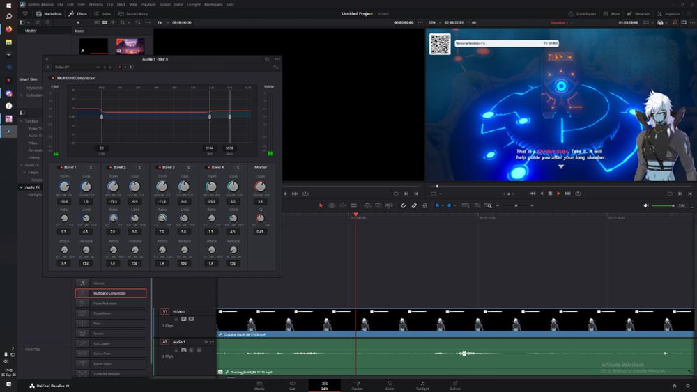 A screenshot showing DaVinci Resolve's video editor, a video on the timeline and the multiband audio compressor window open.