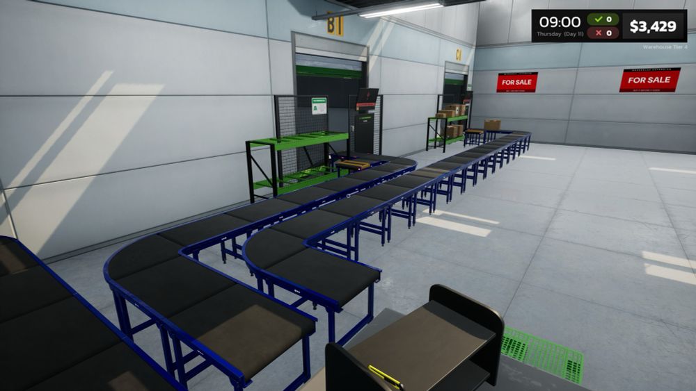 A screenshot from Parcel Simulator showing two additional conveyor belts leading to two more export bays for packages being delivered via air or sea.