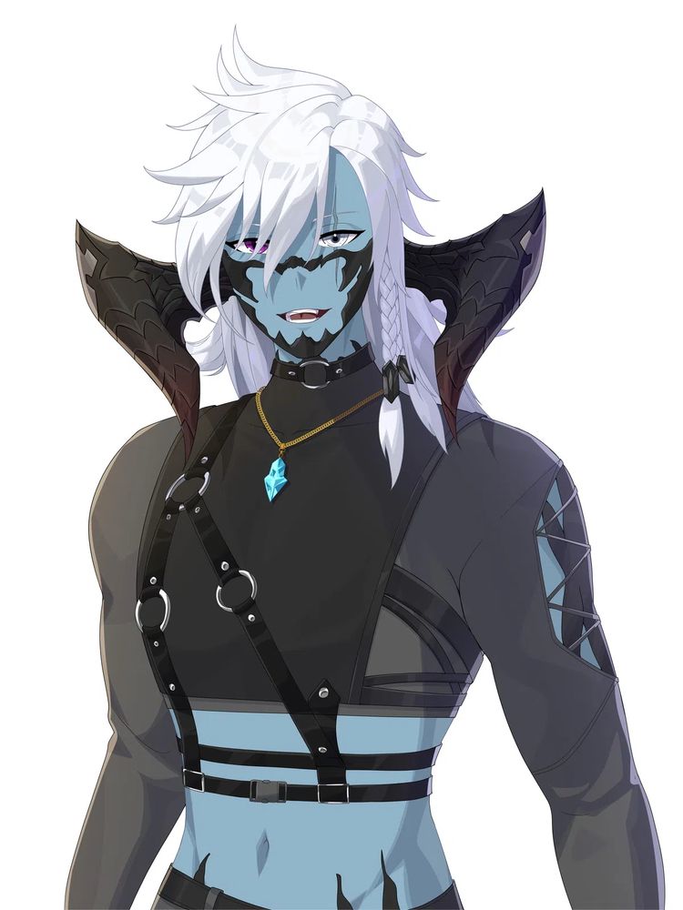 A drawing by Ryuji Riku on of a blueish-grey skinned Au Ra man with wide horns curving down from where a human would have ears towards his collarbones. He has black scales lining his cheekbones, nose, and jaw, a white left eye and purple right eye, along with a big smile showing his fangs. He is wearing a long-sleeved crop top and a crystal necklace on a gold chain. His hair is long and white, with bangs and a pair of braids in the front. His ponytail in the back is largely hidden.
