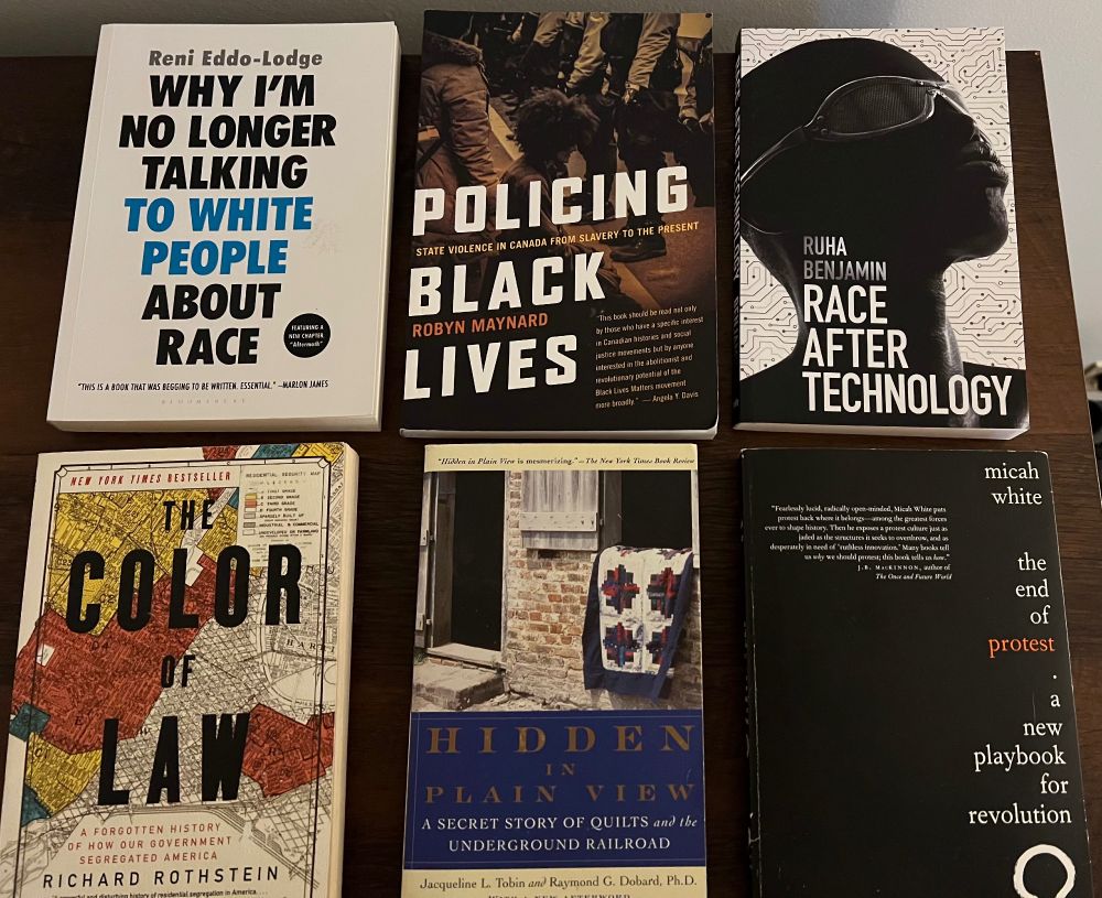 Six used paperback books on a dark wood shelf: “Why I’m No Longer Talking to White People About Race”, “Policing Black Lives”, “Race After Technology”, “The Color of Law”, “Hidden in Plain View: A Secret Story of Quilts and the Underground Railroad”, and “The End of Protest: a New Playbook for Revolution”