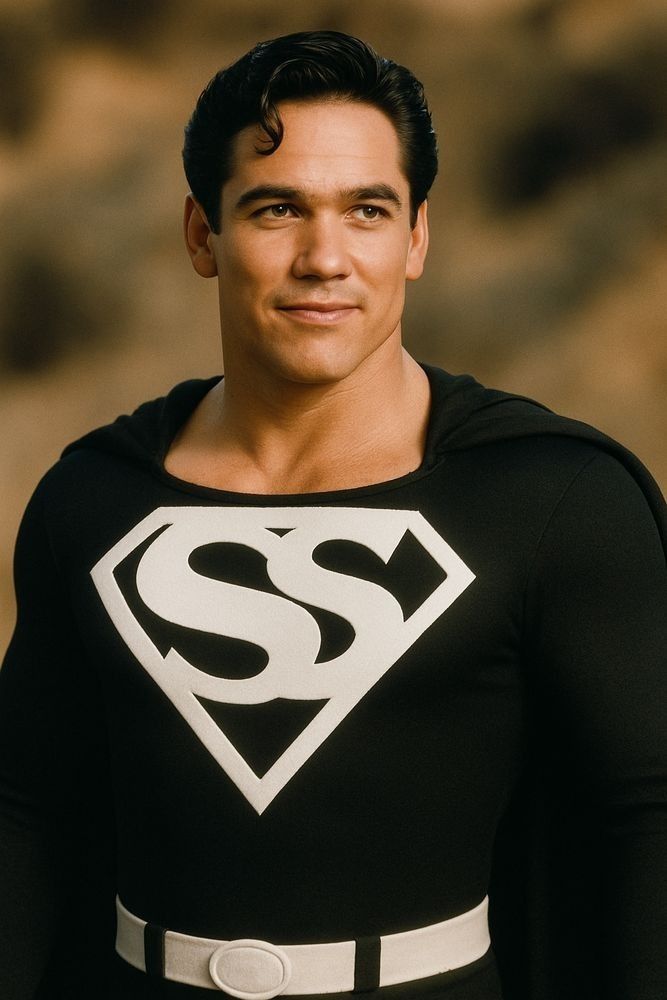 Dean Cain in a black superman suit with black cape, white belt, and the Superman symbol on his chest  (normally a diamond-shape with a single "S") shows "SS."