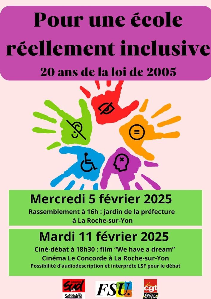 Rassemblement 5 février 16h préfecture La Roche sur Yon 
Ciné débat Concorde We have a dream 11 février 18h30