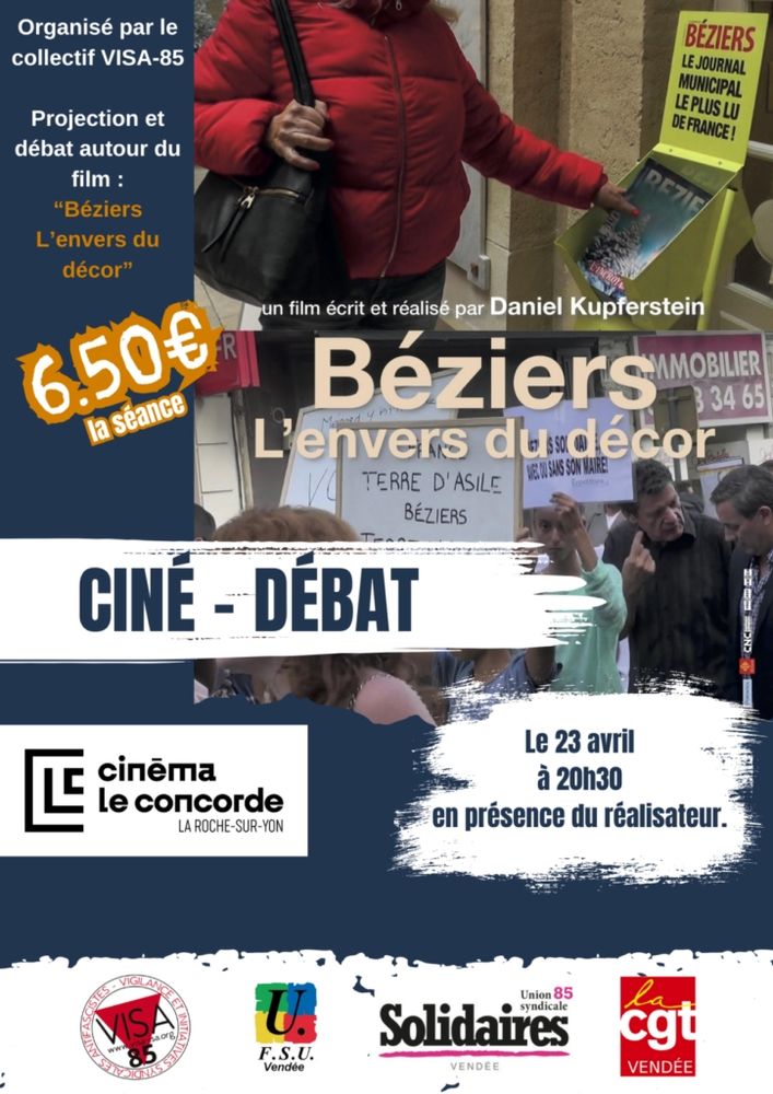 Affiche ciné débat Béziers l'envers du décor, en présence du réalisateur, le 23 avril à 20h30 au Concorde, tarif 6,50 euros