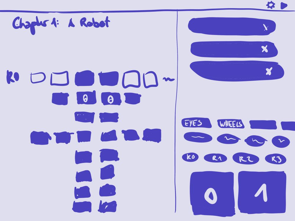 This is one of the first sketches I made for the app, just in two colors (light and dark purple) and a badly drawn robot. It shows the layout of the app and has some features that I never actually made for it.