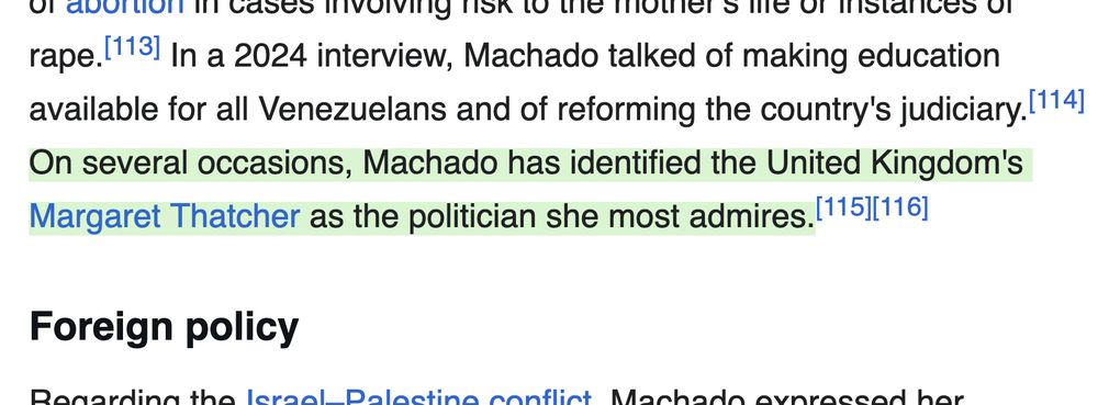screenshot from the Political Views section of María Corina Machado's Wikipedia page which says that "On several occasions, Machado has identified the United Kingdom's Margaret Thatcher as the politician she most admires."