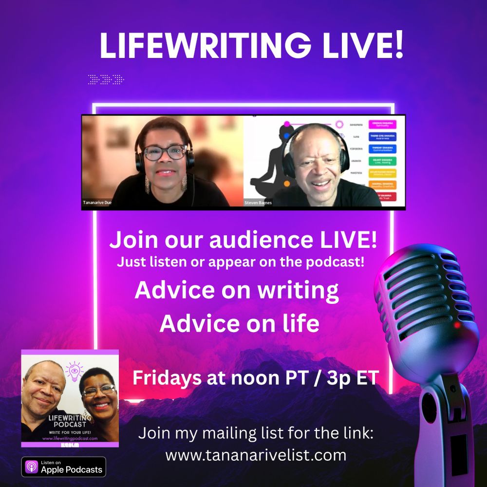 A photo of Tananarive and Steve in headphones - "Join our audience live" Join my list for the link: www.tananarivelist.com