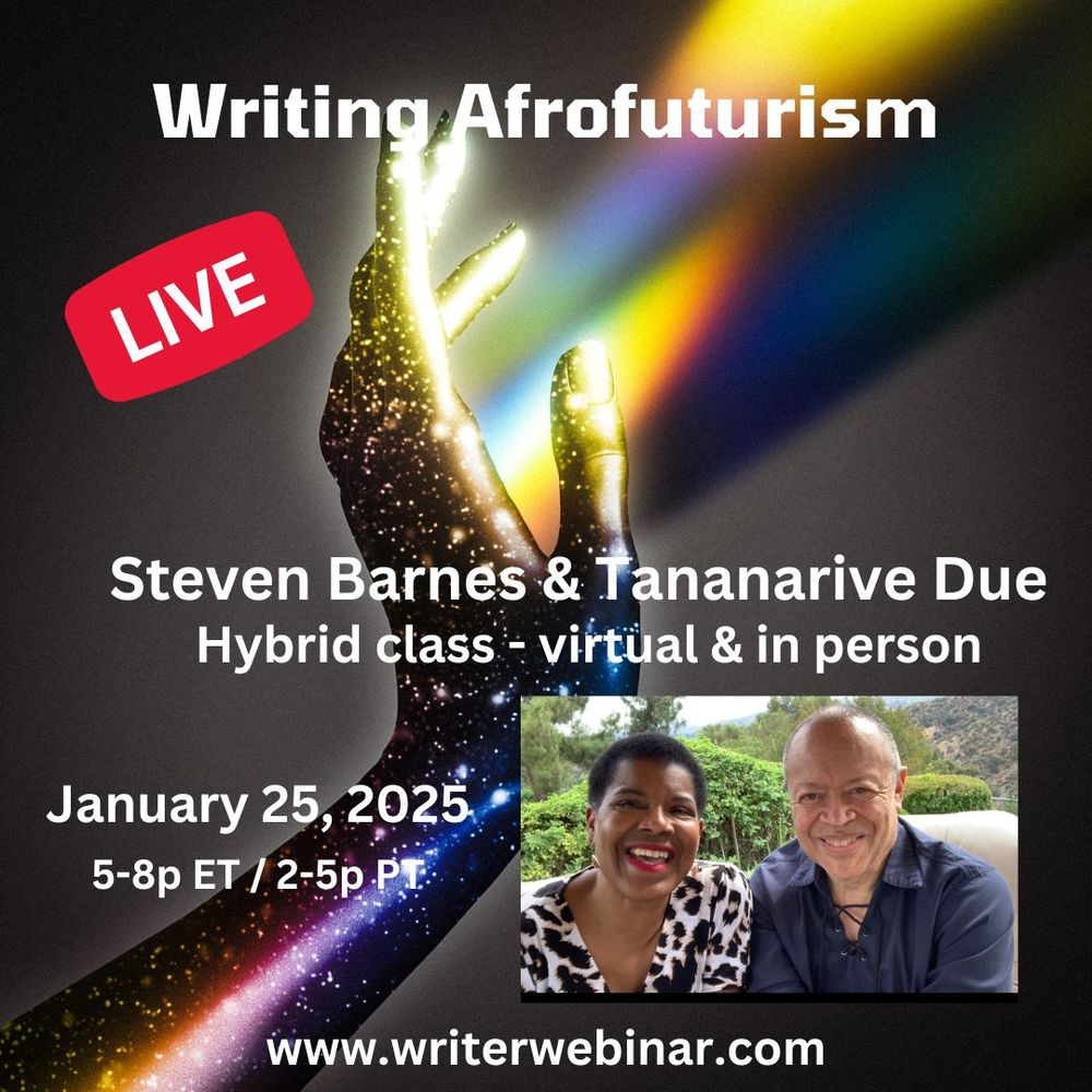 Graphic on the writing class with Tananarive and Steve. The date is January 25th. The time is 5-8 p.m. ET. 