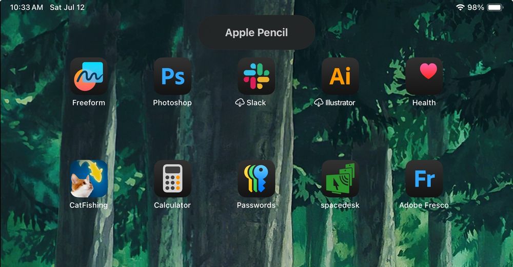 Screenshot of an iPad, showing an Apple Pencil bubble pop up when it’s connected to the side of the iPad, but doesn’t show the battery life or show up in Bluetooth settings.