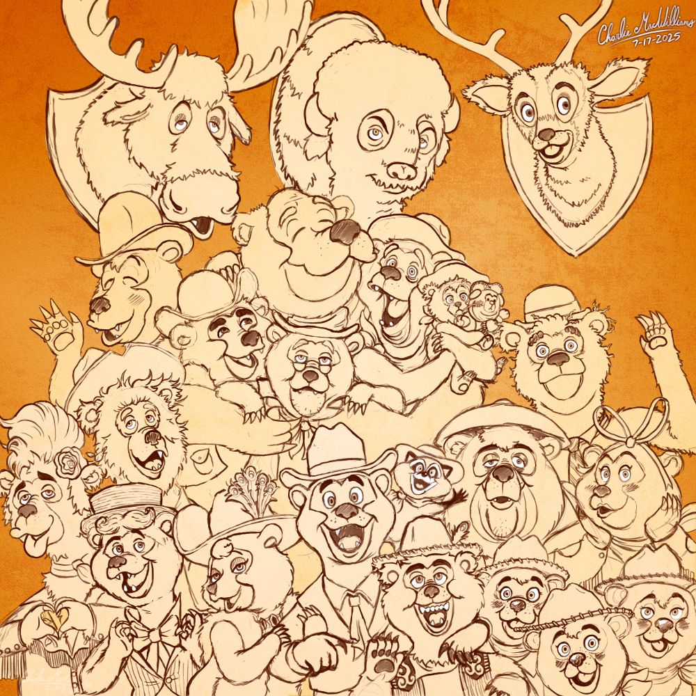 A illustration of a group photo of the cast of the Country Bear Musical Jamboree, with the characters all close together and smiling at the camera. It's unfinished, as life got in the way, but it's done in a monochromatic color palette, with warm tones and some textures overlaid in place of the color- which will be added eventually!