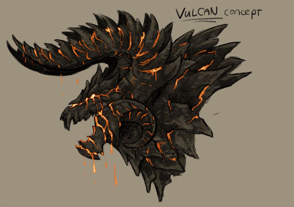 headshot drawing of a rocky demonic creature with big horns, with lava streaming out of the scales