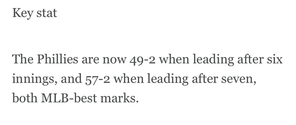 Text that reads:

Key stat

The Phillies are now 49-2 when leading after six innings, and 57-2 when leading after seven, both MLB-best marks.